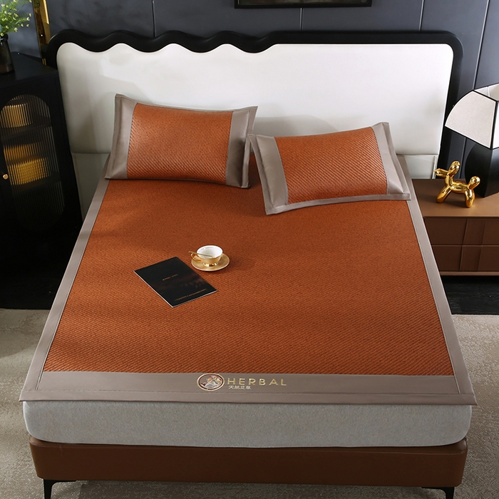 91家纺网 家纺一手货源 找家纺 缦吉 2025款PE冷感加厚刺绣款藤席凉席席子 PE藤席-浅咖