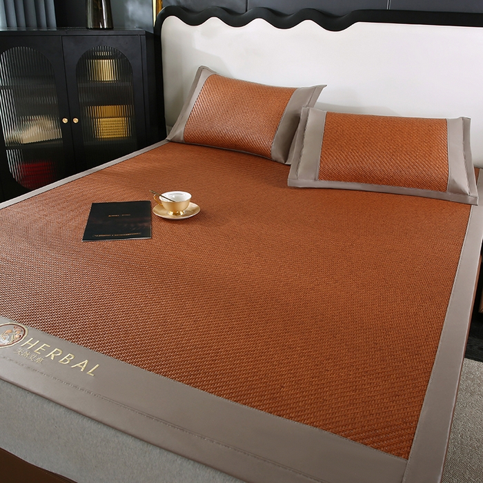 91家纺网 家纺一手货源 找家纺 缦吉 2025款PE冷感加厚刺绣款藤席凉席席子 PE藤席-浅咖