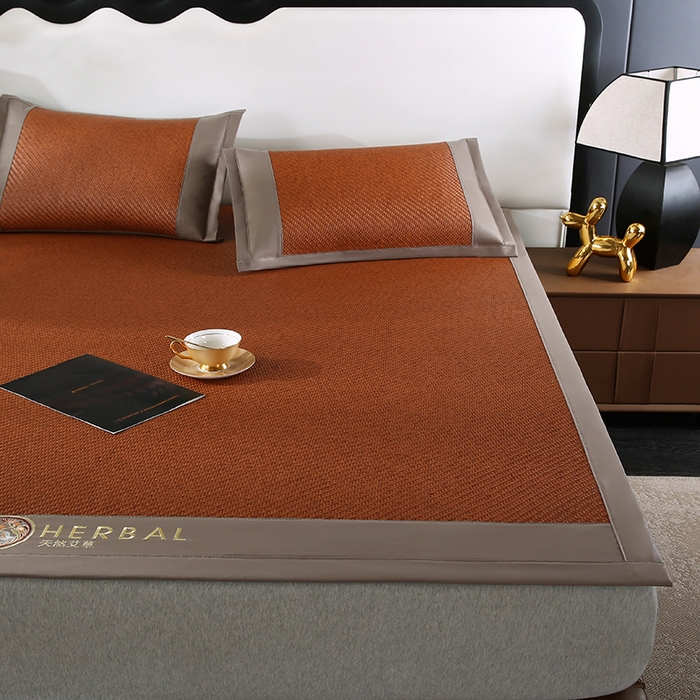 91家纺网 家纺一手货源 找家纺 缦吉 2025款PE冷感加厚刺绣款藤席凉席席子 PE藤席-浅咖