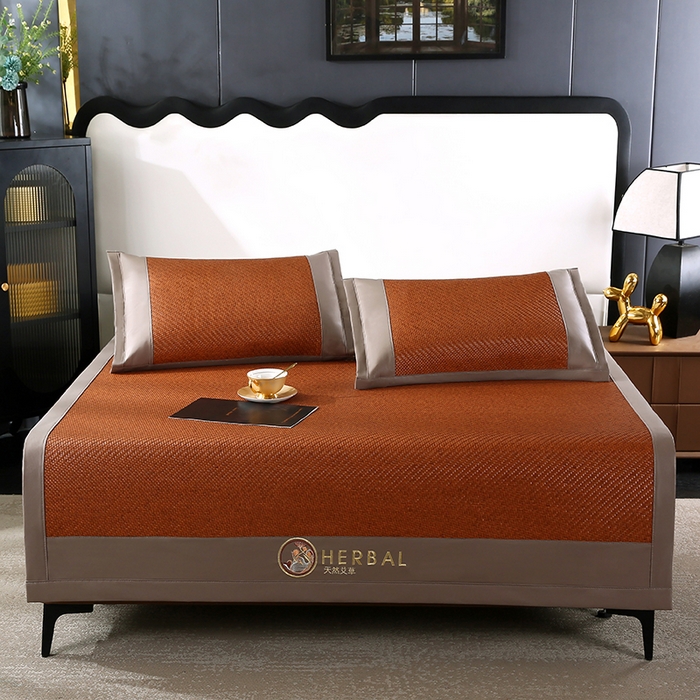 91家纺网 家纺一手货源 找家纺 缦吉 2025款PE冷感加厚刺绣款藤席凉席席子 PE藤席-浅咖