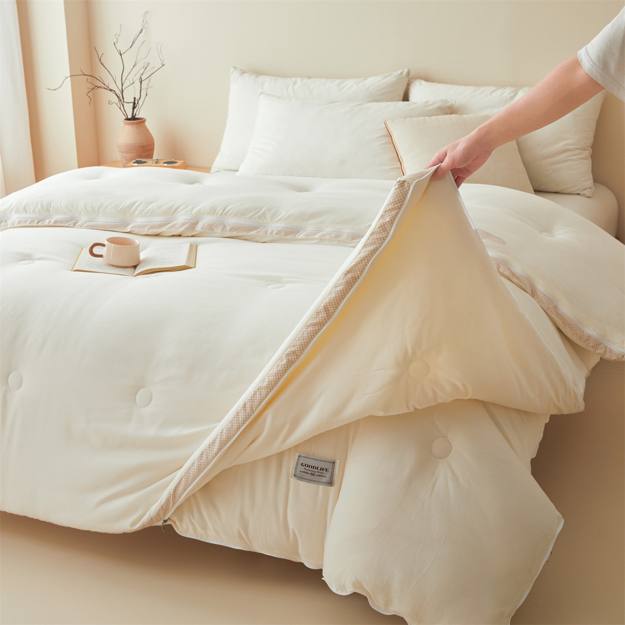 91家纺网 家纺一手货源 找家纺 罗布斯 2025升级A类水洗棉立体拼边大豆纤维被二合一子母被学生宿舍被子被芯夏被空调被春秋被直播冬被含买家秀 大豆子母被-云朵白