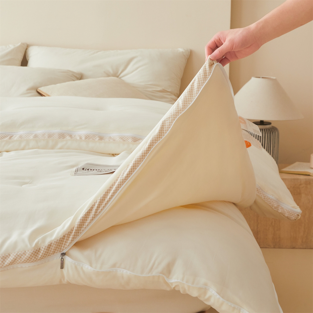 91家纺网 家纺一手货源 找家纺 罗布斯 2025升级A类水洗棉立体拼边大豆纤维被二合一子母被学生宿舍被子被芯夏被空调被春秋被直播冬被含买家秀 大豆子母被-云朵白