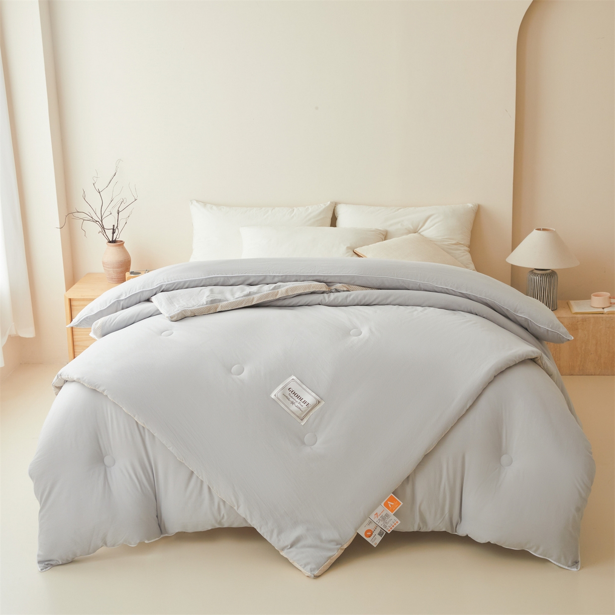 91家纺网 家纺一手货源 找家纺 罗布斯 2025升级A类水洗棉立体拼边大豆纤维被二合一子母被学生宿舍被子被芯夏被空调被春秋被直播冬被含买家秀 大豆子母被-时尚灰