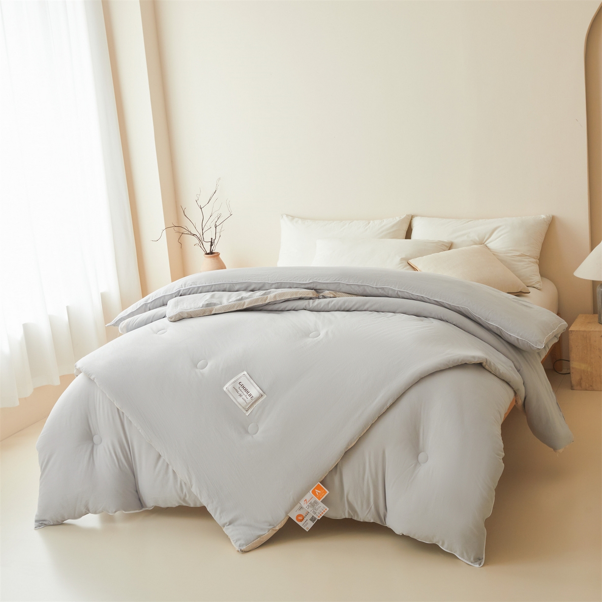 91家纺网 家纺一手货源 找家纺 罗布斯 2025升级A类水洗棉立体拼边大豆纤维被二合一子母被学生宿舍被子被芯夏被空调被春秋被直播冬被含买家秀 大豆子母被-时尚灰