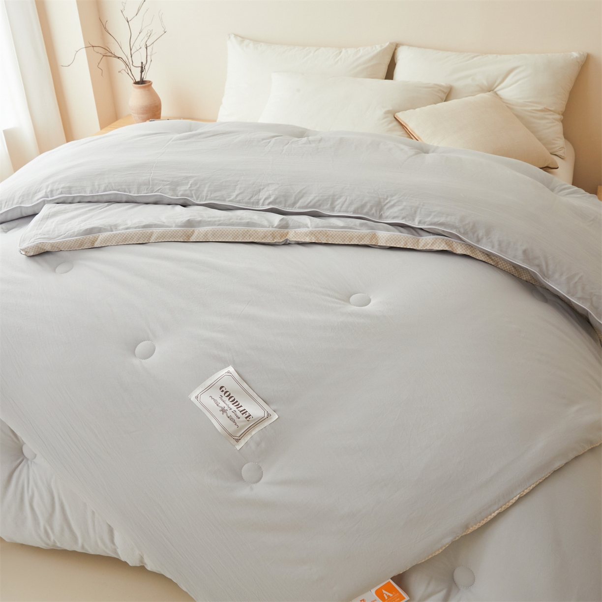 91家纺网 家纺一手货源 找家纺 罗布斯 2025升级A类水洗棉立体拼边大豆纤维被二合一子母被学生宿舍被子被芯夏被空调被春秋被直播冬被含买家秀 大豆子母被-时尚灰