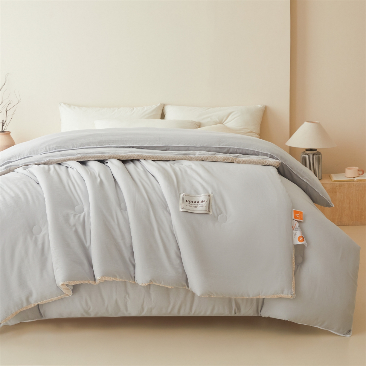 91家纺网 家纺一手货源 找家纺 罗布斯 2025升级A类水洗棉立体拼边大豆纤维被二合一子母被学生宿舍被子被芯夏被空调被春秋被直播冬被含买家秀 大豆子母被-时尚灰