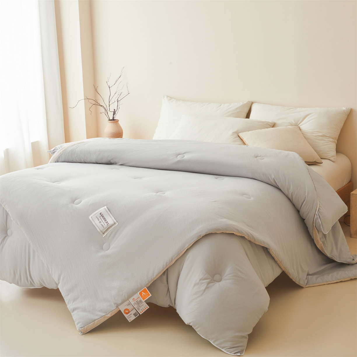 91家纺网 家纺一手货源 找家纺 罗布斯 2025升级A类水洗棉立体拼边大豆纤维被二合一子母被学生宿舍被子被芯夏被空调被春秋被直播冬被含买家秀 大豆子母被-时尚灰