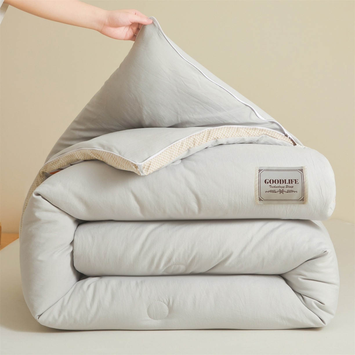 91家纺网 家纺一手货源 找家纺 罗布斯 2025升级A类水洗棉立体拼边大豆纤维被二合一子母被学生宿舍被子被芯夏被空调被春秋被直播冬被含买家秀 大豆子母被-时尚灰