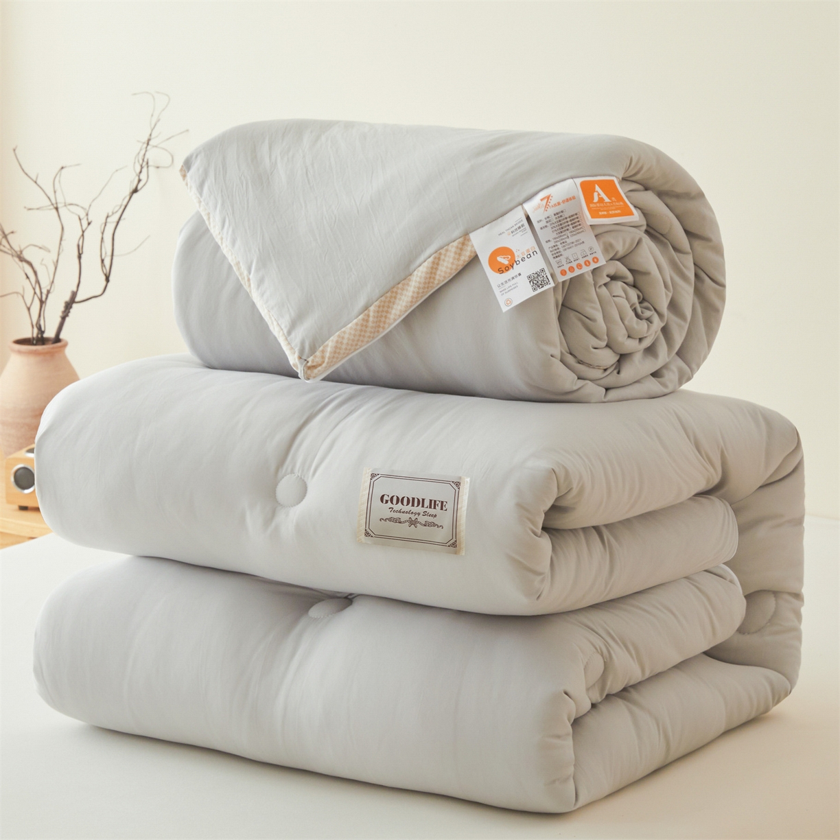 91家纺网 家纺一手货源 找家纺 罗布斯 2025升级A类水洗棉立体拼边大豆纤维被二合一子母被学生宿舍被子被芯夏被空调被春秋被直播冬被含买家秀 大豆子母被-时尚灰