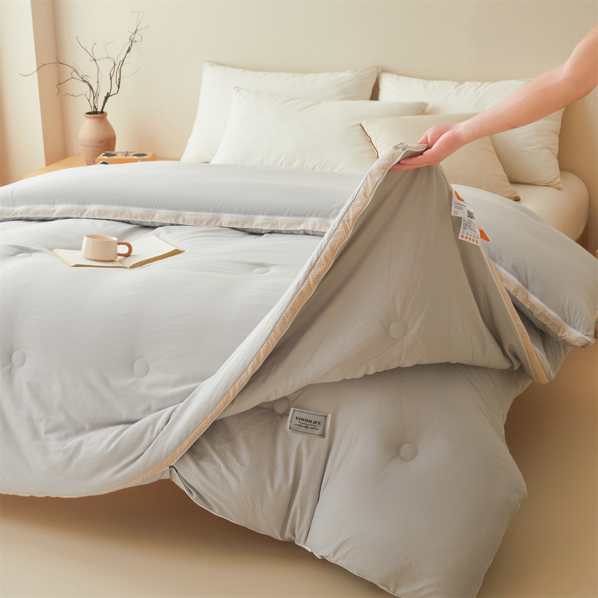 91家纺网 家纺一手货源 找家纺 罗布斯 2025升级A类水洗棉立体拼边大豆纤维被二合一子母被学生宿舍被子被芯夏被空调被春秋被直播冬被含买家秀 大豆子母被-时尚灰