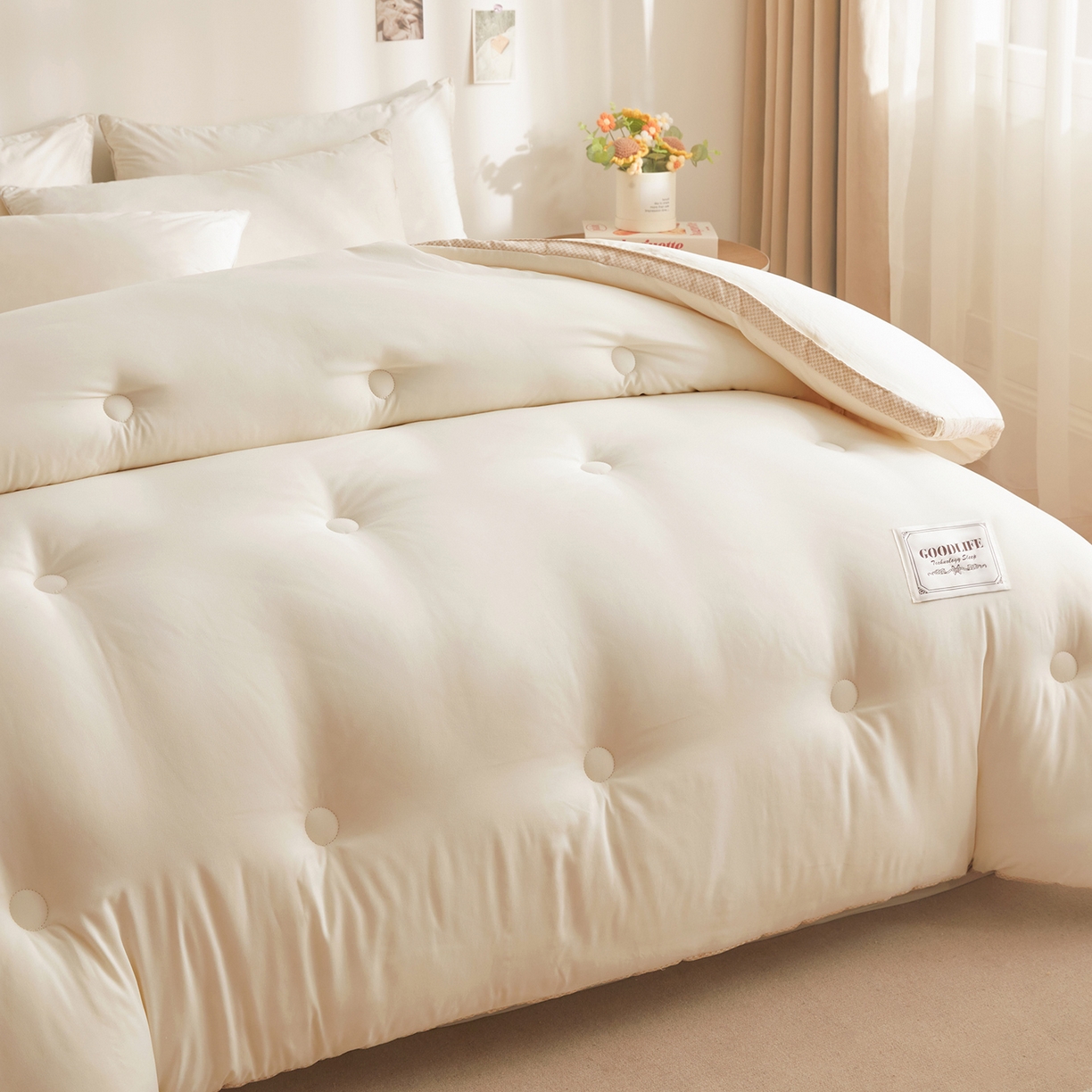 91家纺网 家纺一手货源 找家纺 罗布斯 2025升级A类水洗棉立体拼边大豆纤维被二合一子母被学生宿舍被子被芯夏被空调被春秋被直播冬被含买家秀 泡芙白