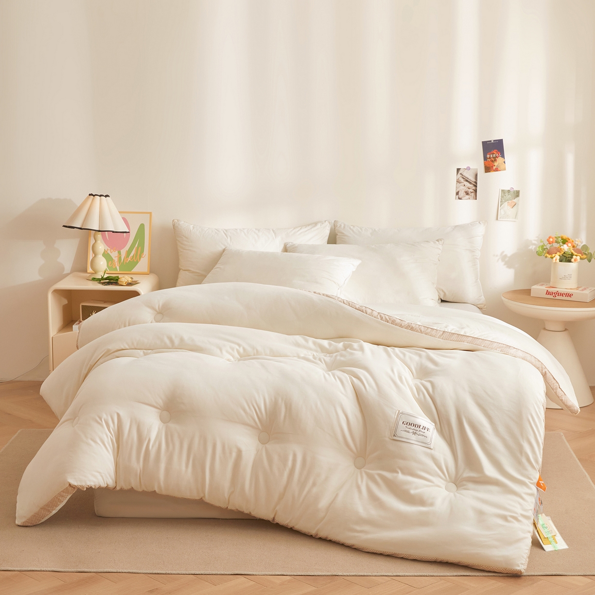 91家纺网 家纺一手货源 找家纺 罗布斯 2025升级A类水洗棉立体拼边大豆纤维被二合一子母被学生宿舍被子被芯夏被空调被春秋被直播冬被含买家秀 泡芙白