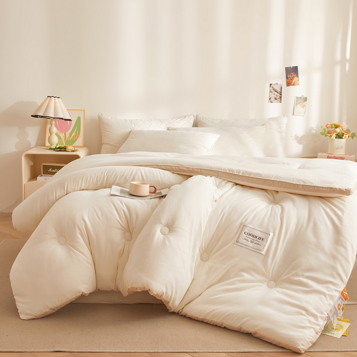 91家纺网 家纺一手货源 找家纺 罗布斯 2025升级A类水洗棉立体拼边大豆纤维被二合一子母被学生宿舍被子被芯夏被空调被春秋被直播冬被含买家秀 泡芙白