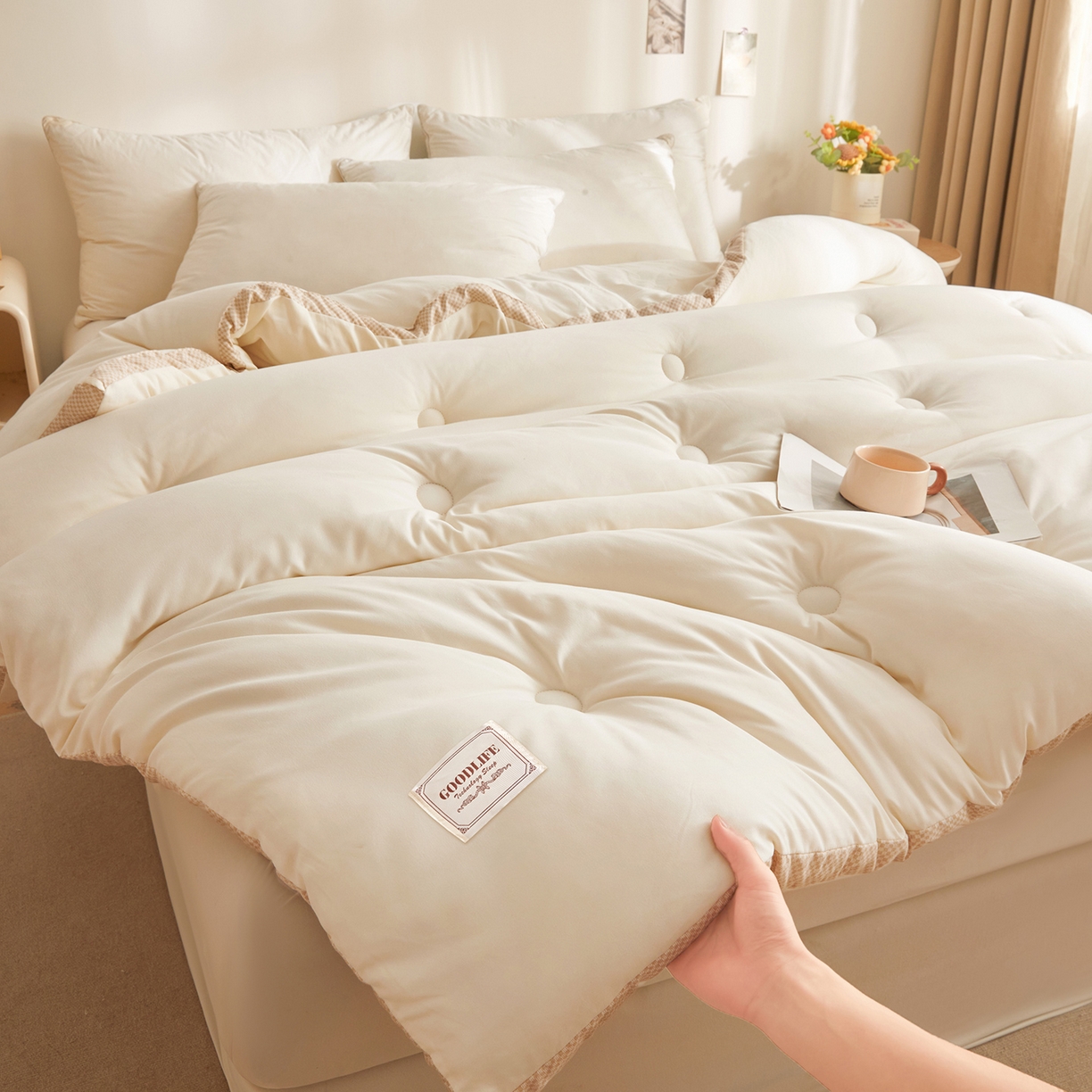 91家纺网 家纺一手货源 找家纺 罗布斯 2025升级A类水洗棉立体拼边大豆纤维被二合一子母被学生宿舍被子被芯夏被空调被春秋被直播冬被含买家秀 泡芙白