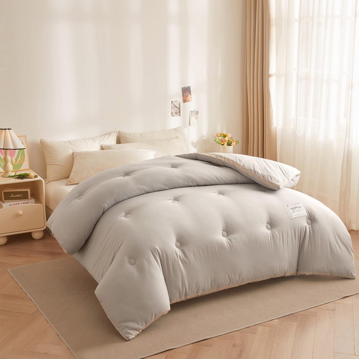 91家纺网 家纺一手货源 找家纺 罗布斯 2025升级A类水洗棉立体拼边大豆纤维被二合一子母被学生宿舍被子被芯夏被空调被春秋被直播冬被含买家秀 静夜灰