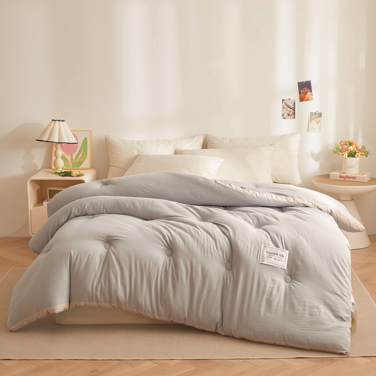 91家纺网 家纺一手货源 找家纺 罗布斯 2025升级A类水洗棉立体拼边大豆纤维被二合一子母被学生宿舍被子被芯夏被空调被春秋被直播冬被含买家秀 静夜灰