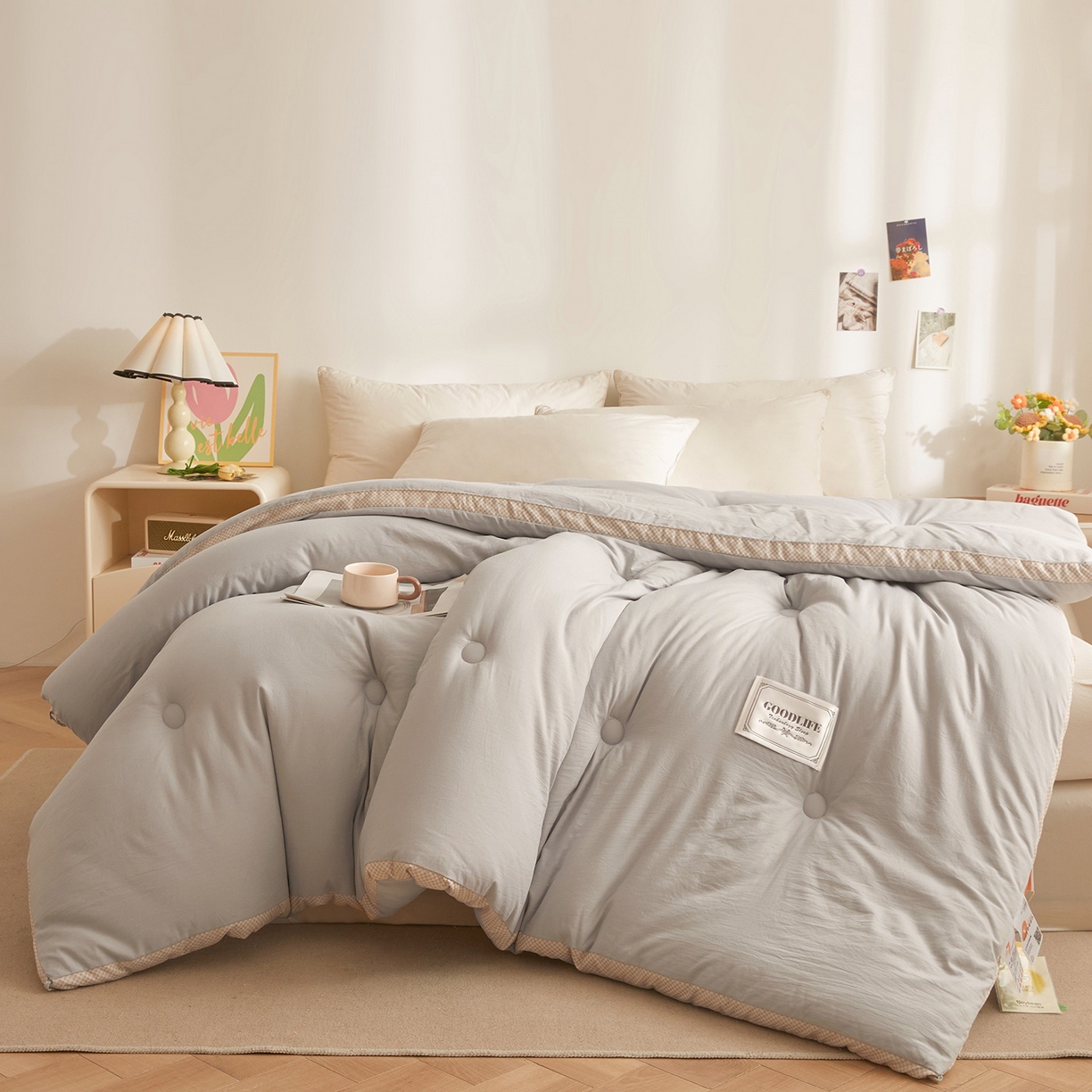 91家纺网 家纺一手货源 找家纺 罗布斯 2025升级A类水洗棉立体拼边大豆纤维被二合一子母被学生宿舍被子被芯夏被空调被春秋被直播冬被含买家秀 静夜灰