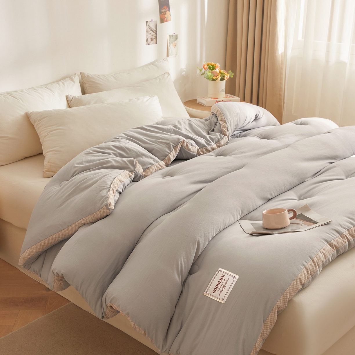 91家纺网 家纺一手货源 找家纺 罗布斯 2025升级A类水洗棉立体拼边大豆纤维被二合一子母被学生宿舍被子被芯夏被空调被春秋被直播冬被含买家秀 静夜灰