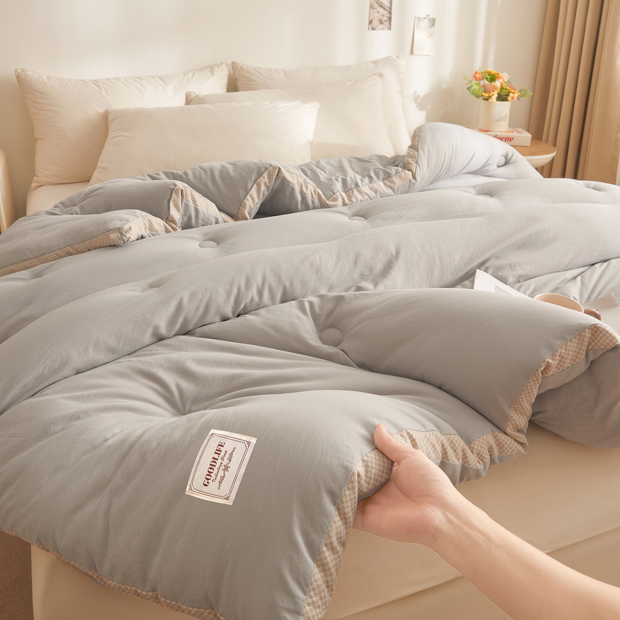 91家纺网 家纺一手货源 找家纺 罗布斯 2025升级A类水洗棉立体拼边大豆纤维被二合一子母被学生宿舍被子被芯夏被空调被春秋被直播冬被含买家秀 静夜灰