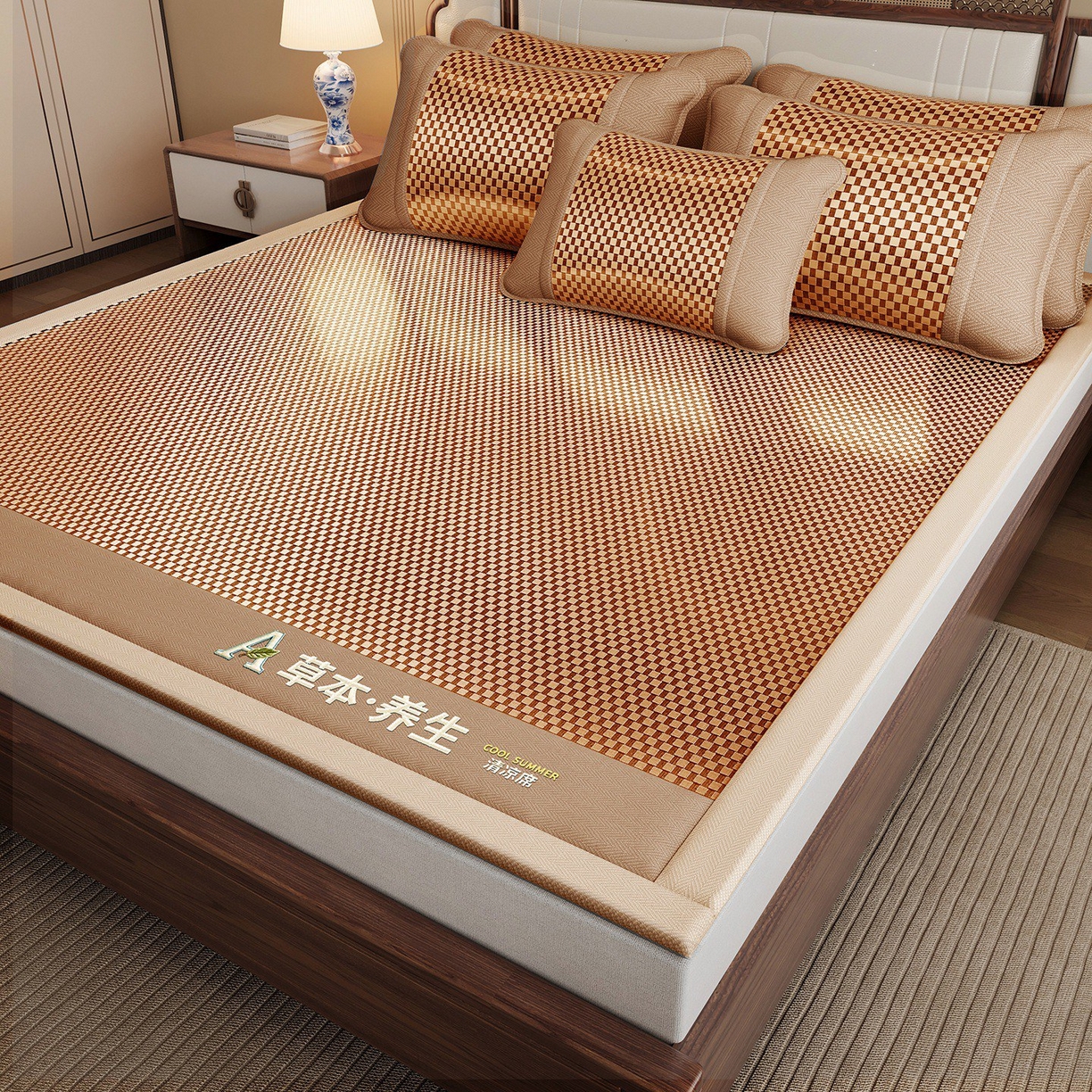 91家纺网 家纺一手货源 找家纺 缦吉 2025款亲肤透气刺绣冰丝藤席系列 金色