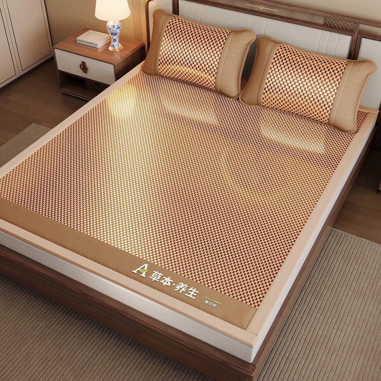 91家纺网 家纺一手货源 找家纺 缦吉 2025款亲肤透气刺绣冰丝藤席系列 金色