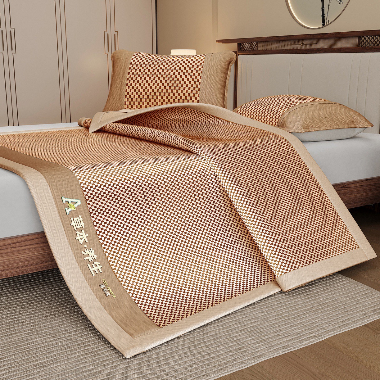 91家纺网 家纺一手货源 找家纺 缦吉 2025款亲肤透气刺绣冰丝藤席系列 金色