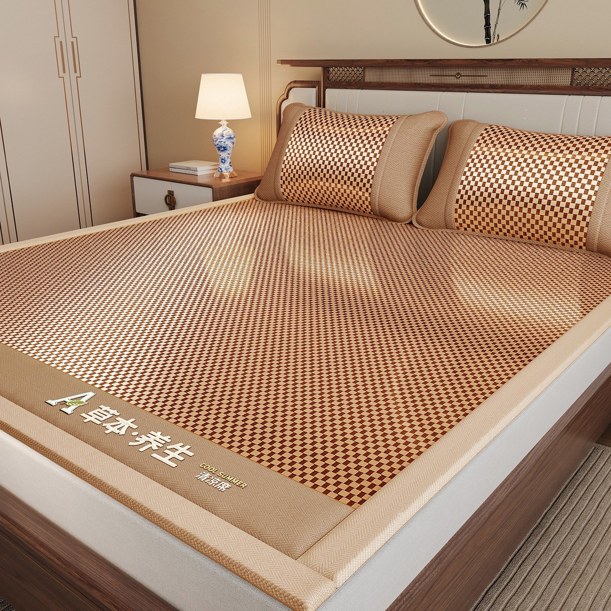 91家纺网 家纺一手货源 找家纺 缦吉 2025款亲肤透气刺绣冰丝藤席系列 金色