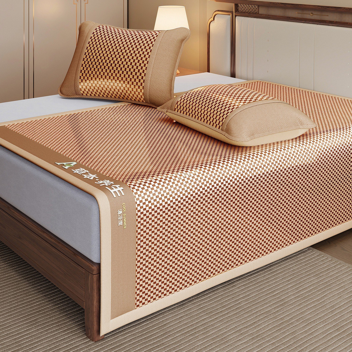 91家纺网 家纺一手货源 找家纺 缦吉 2025款亲肤透气刺绣冰丝藤席系列 金色