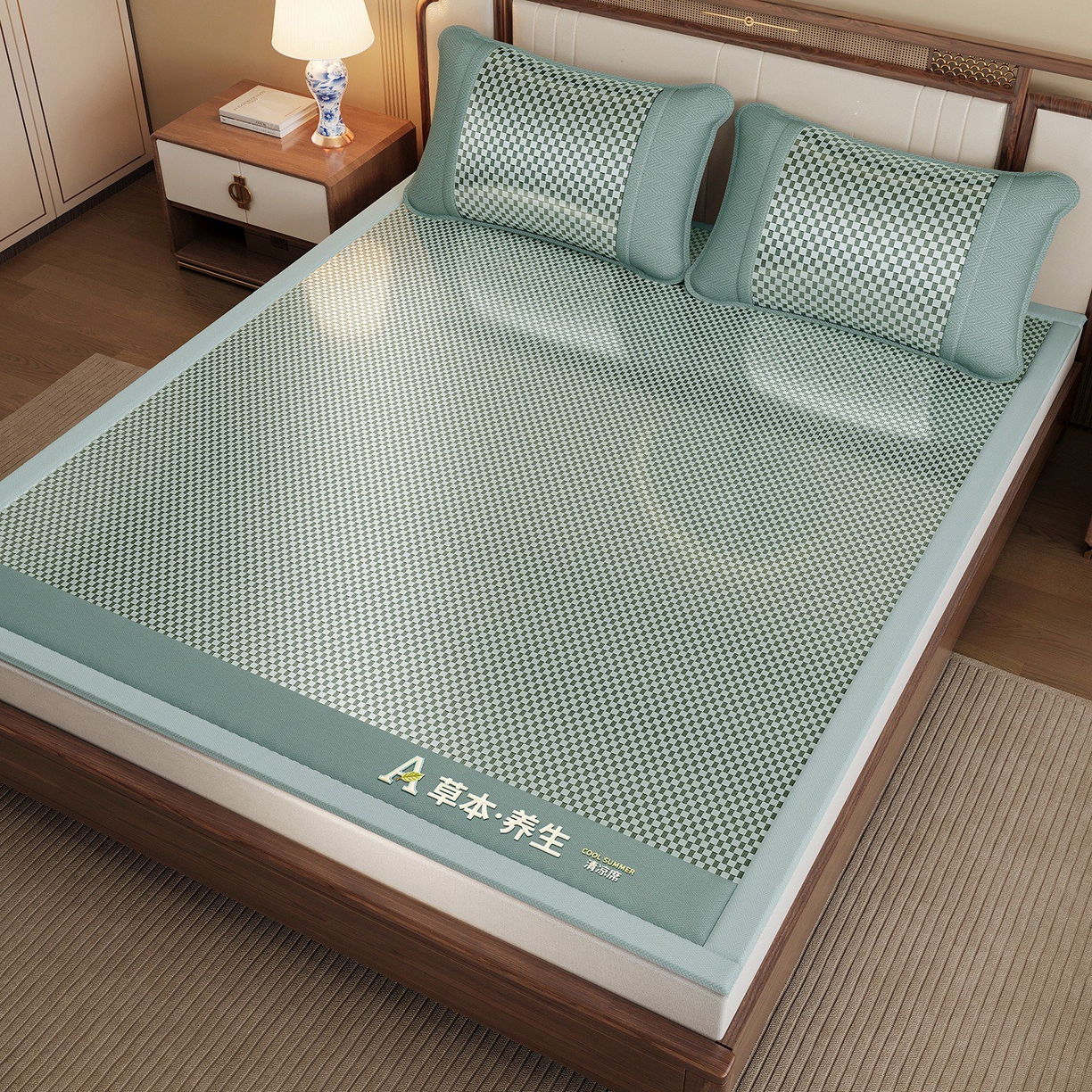 91家纺网 家纺一手货源 找家纺 缦吉 2025款亲肤透气刺绣冰丝藤席系列 绿色