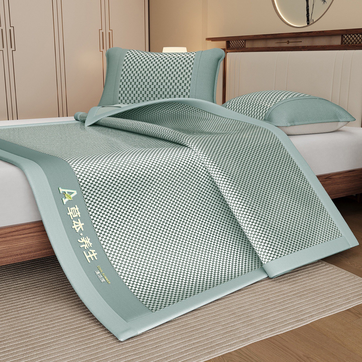 91家纺网 家纺一手货源 找家纺 缦吉 2025款亲肤透气刺绣冰丝藤席系列 绿色