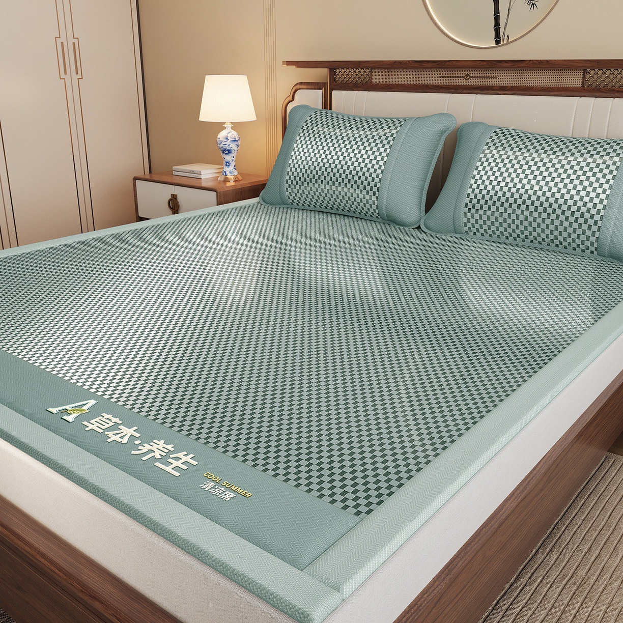 91家纺网 家纺一手货源 找家纺 缦吉 2025款亲肤透气刺绣冰丝藤席系列 绿色