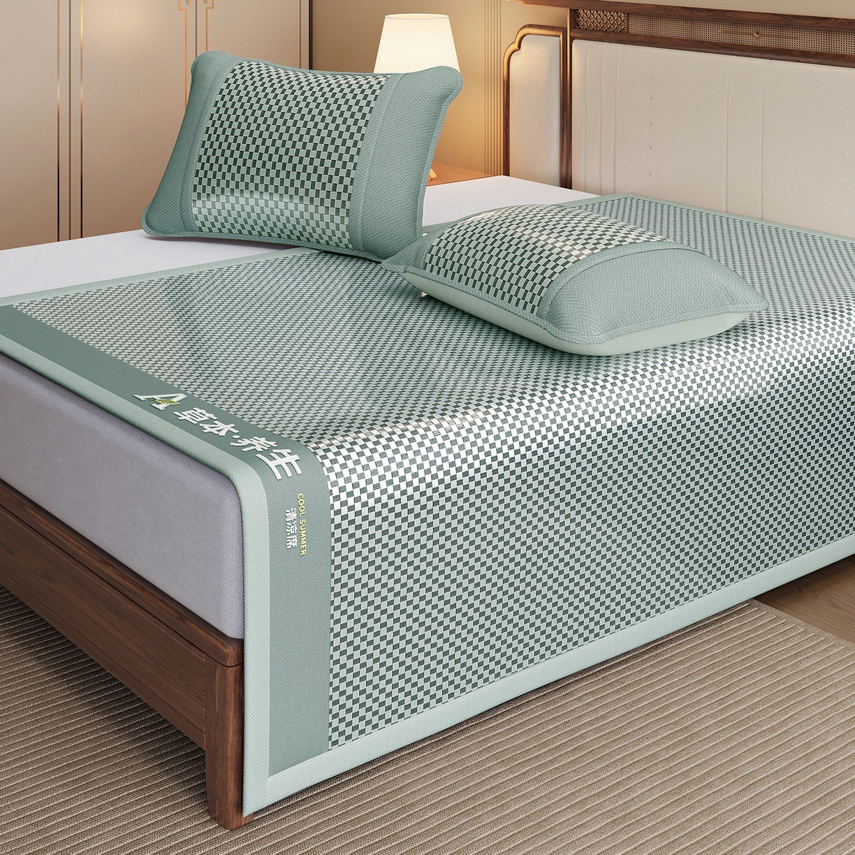 91家纺网 家纺一手货源 找家纺 缦吉 2025款亲肤透气刺绣冰丝藤席系列 绿色