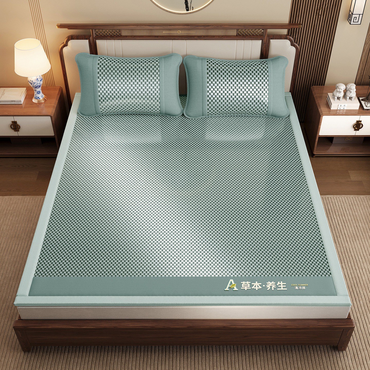 91家纺网 家纺一手货源 找家纺 缦吉 2025款亲肤透气刺绣冰丝藤席系列 绿色