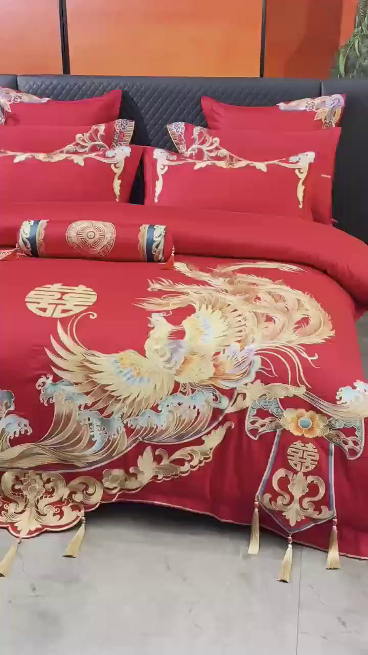 91家纺网 家纺一手货源 找家纺 宏羽纺家纺 2025新款全棉100%全棉新中式婚庆多件套 全棉龙凤庄园