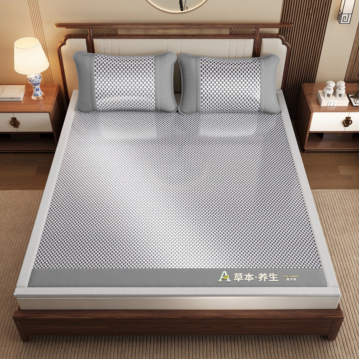 91家纺网 家纺一手货源 找家纺 缦吉 2025款亲肤透气刺绣冰丝藤席系列 银色