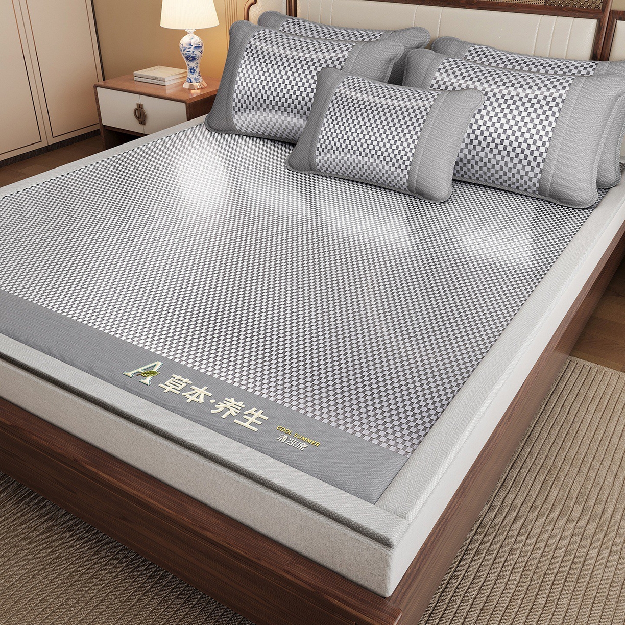 91家纺网 家纺一手货源 找家纺 缦吉 2025款亲肤透气刺绣冰丝藤席系列 银色