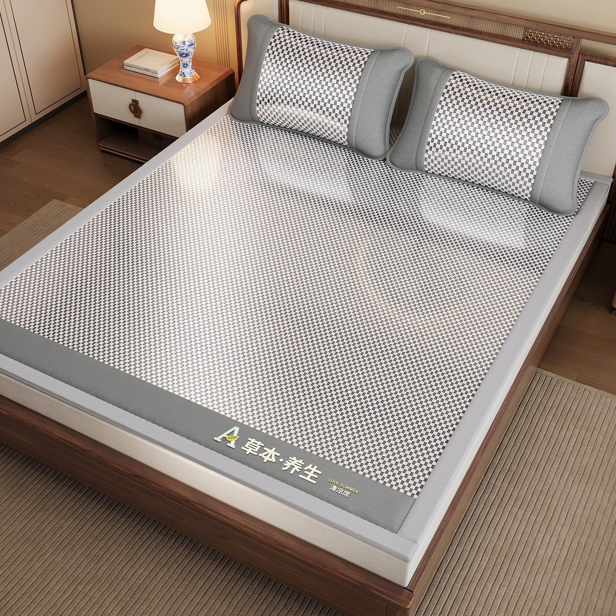 91家纺网 家纺一手货源 找家纺 缦吉 2025款亲肤透气刺绣冰丝藤席系列 银色