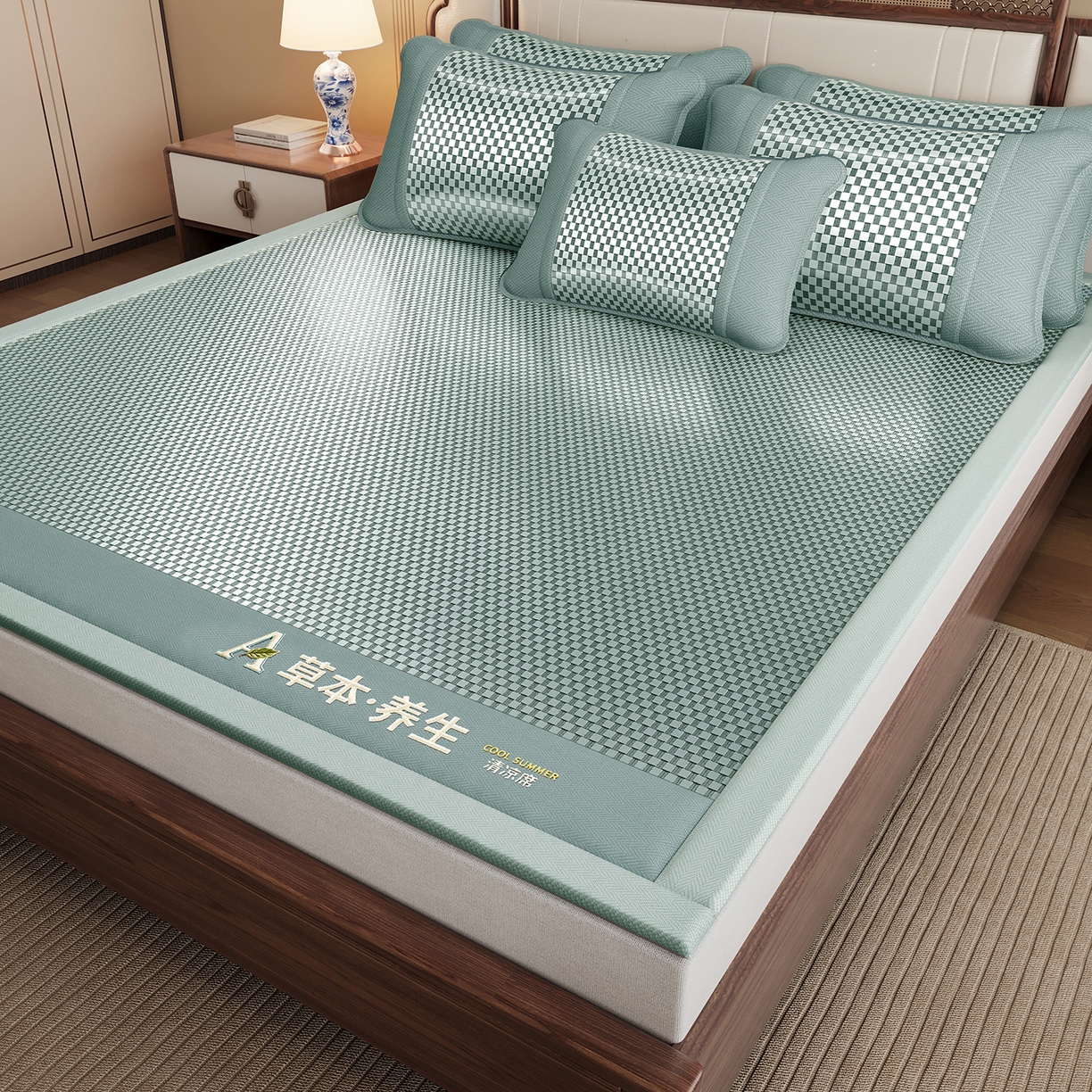 91家纺网 家纺一手货源 找家纺 缦吉 2025款刺绣冰丝藤席A草本养生席-学生款 草本-绿色
