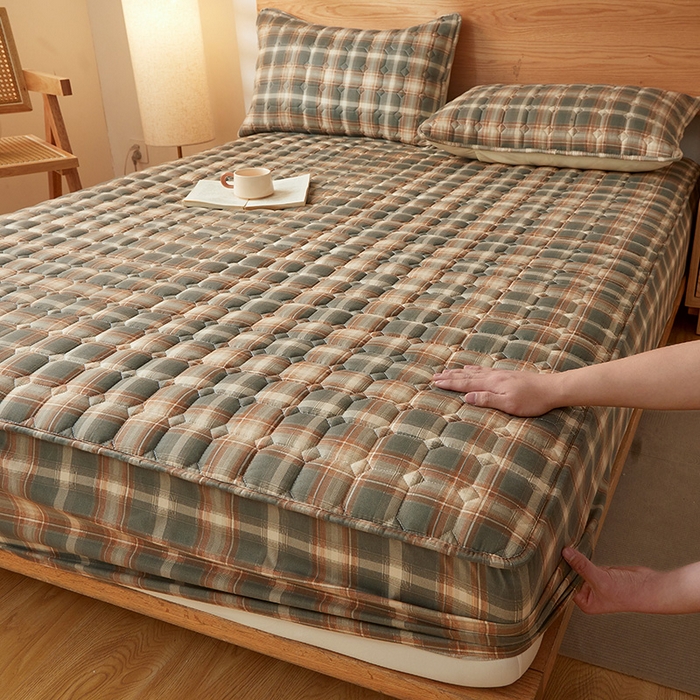 缦吉 2025款A类水洗棉夹棉新疆棉花格子床笠 简语格 棕