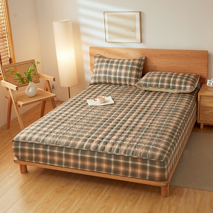 91家纺网 家纺一手货源 找家纺 缦吉 2025款A类水洗棉夹棉新疆棉花格子床笠 简语格 棕