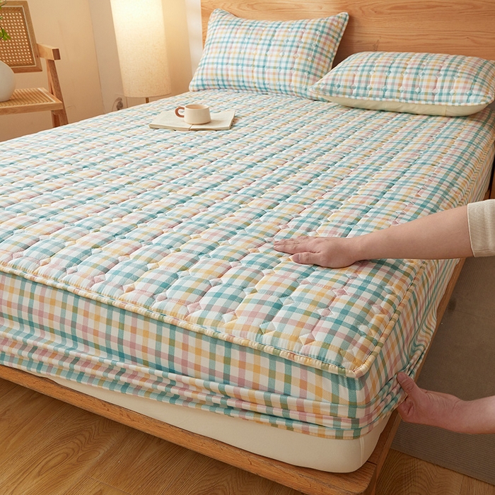 缦吉 2025款A类水洗棉夹棉新疆棉花格子床笠 粉彩格