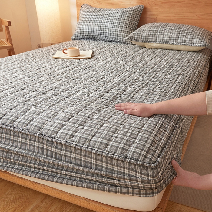 缦吉 2025款A类水洗棉夹棉新疆棉花格子床笠 简语格 灰
