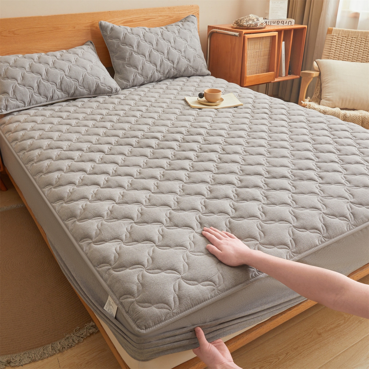 91家纺网 家纺一手货源 找家纺 缦吉 2025款A类全棉水洗棉色织大豆床笠 浅灰