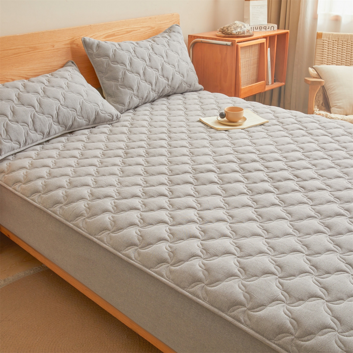 91家纺网 家纺一手货源 找家纺 缦吉 2025款A类全棉水洗棉色织大豆床笠 浅灰