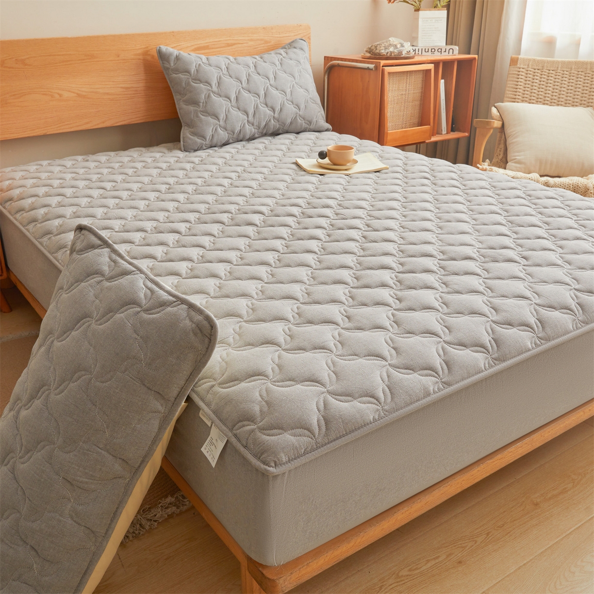 91家纺网 家纺一手货源 找家纺 缦吉 2025款A类全棉水洗棉色织大豆床笠 浅灰