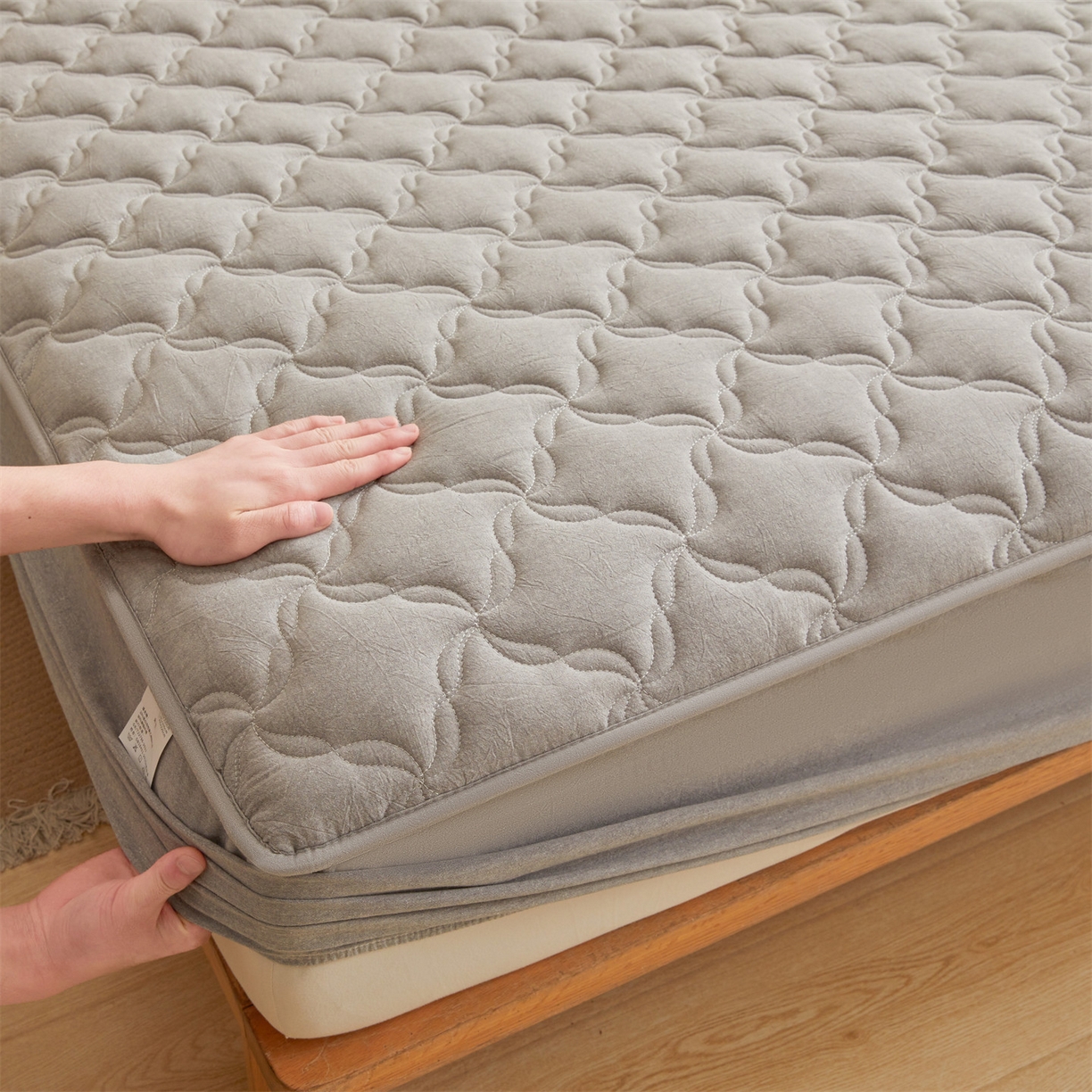 91家纺网 家纺一手货源 找家纺 缦吉 2025款A类全棉水洗棉色织大豆床笠 浅灰