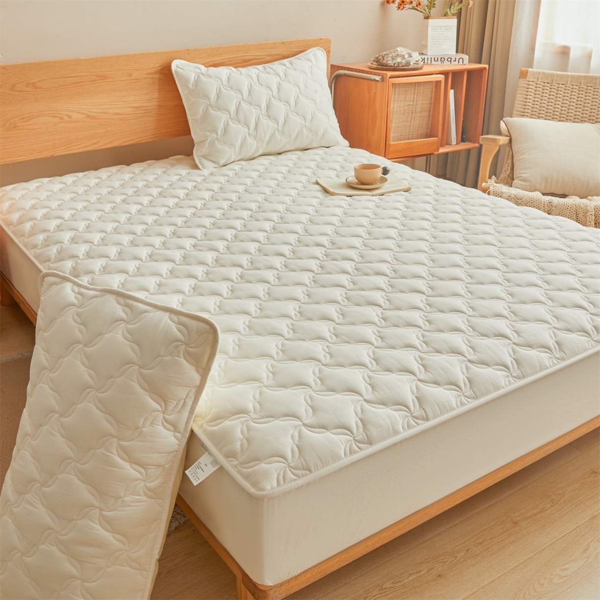 91家纺网 家纺一手货源 找家纺 缦吉 2025款A类全棉水洗棉色织大豆床笠 白色