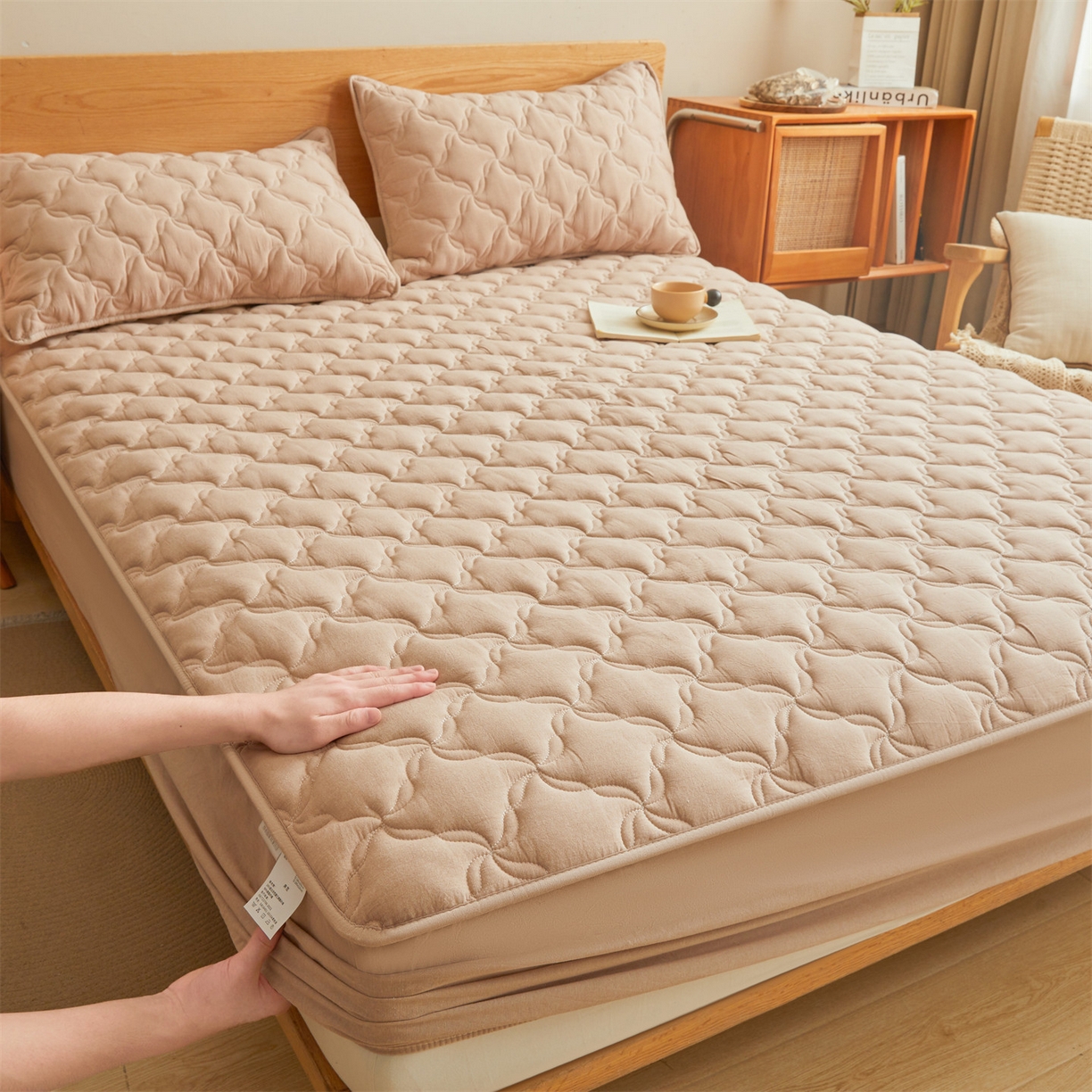 缦吉 2025款A类全棉水洗棉色织大豆床笠 卡其