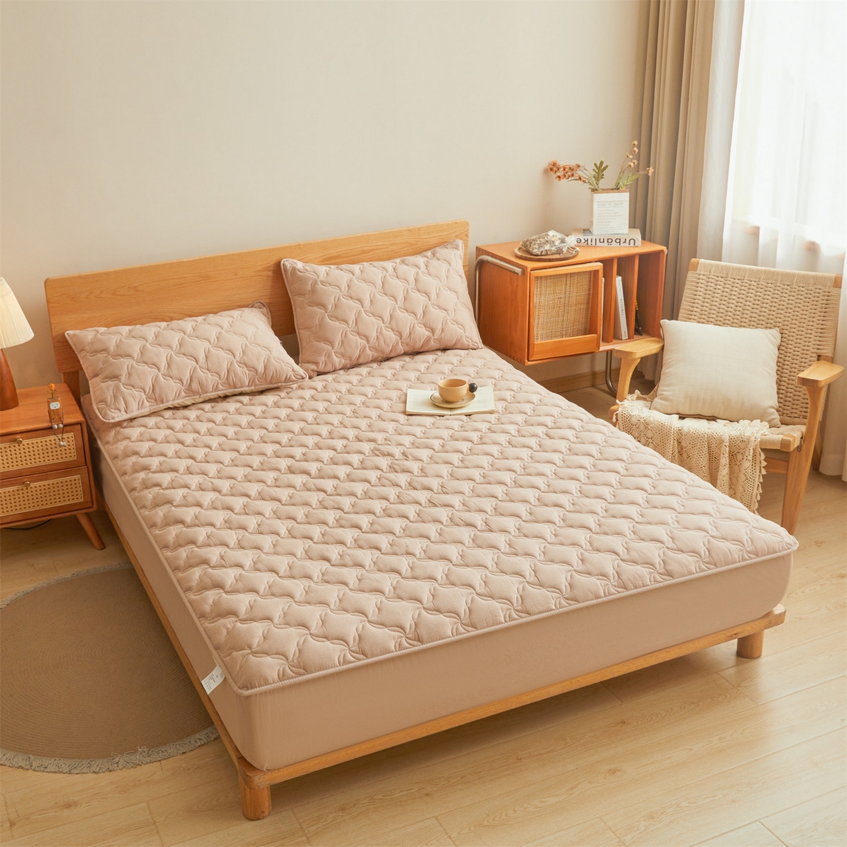 91家纺网 家纺一手货源 找家纺 缦吉 2025款A类全棉水洗棉色织大豆床笠 卡其