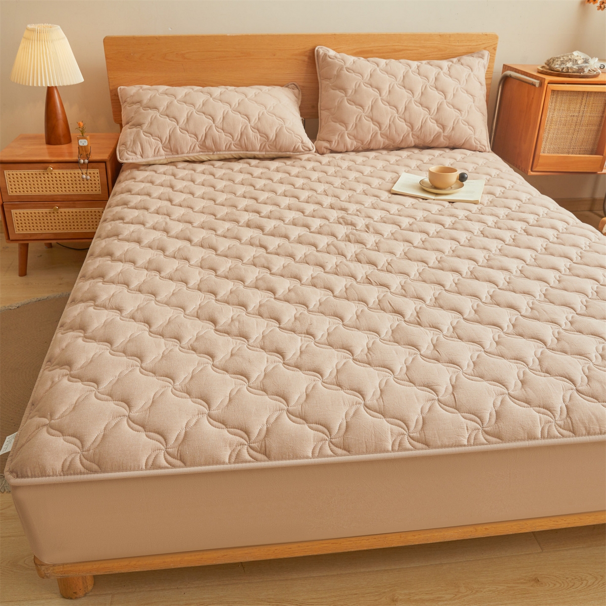 91家纺网 家纺一手货源 找家纺 缦吉 2025款A类全棉水洗棉色织大豆床笠 卡其